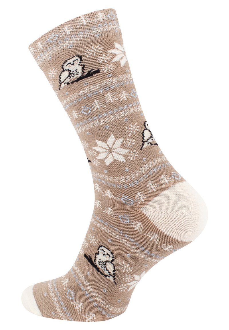 Brown patterned sock featuring white snowflakes and small black owls, with blue accents and a solid white toe. Made of soft fabric.