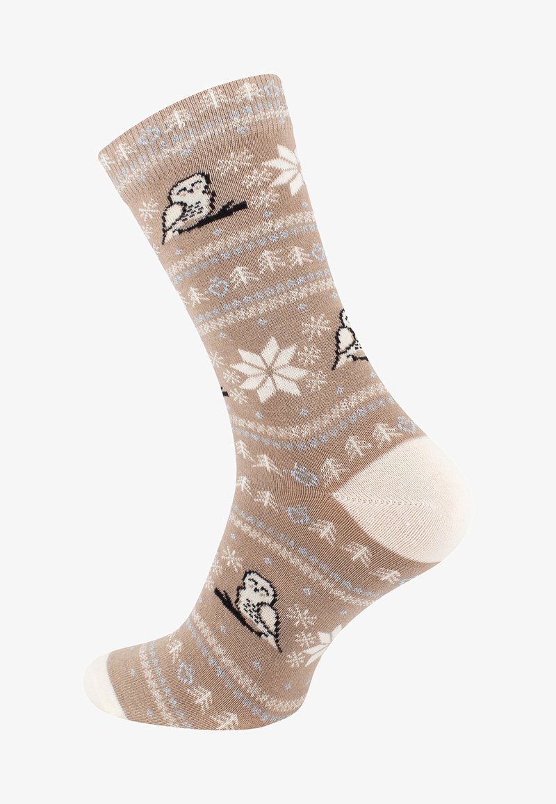 Brown patterned sock featuring white snowflakes and small black owls, with blue accents and a solid white toe. Made of soft fabric.