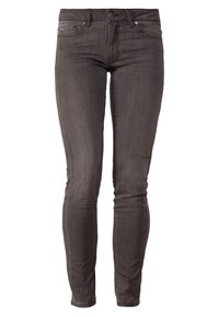 Slim-fit džíny vyrobené z tmavě šedého denimového materiálu, s knoflíkovým zapínáním, pěti kapsami a jemným vyblednutím po nohavicích. Hladká textura.