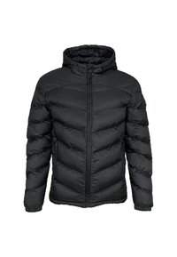 Svart pufferjacka med huva, med en vadderad design, dragkedjestängning och elastiska ärmslut. Tillverkad av ett slätt, vattenavvisande material.