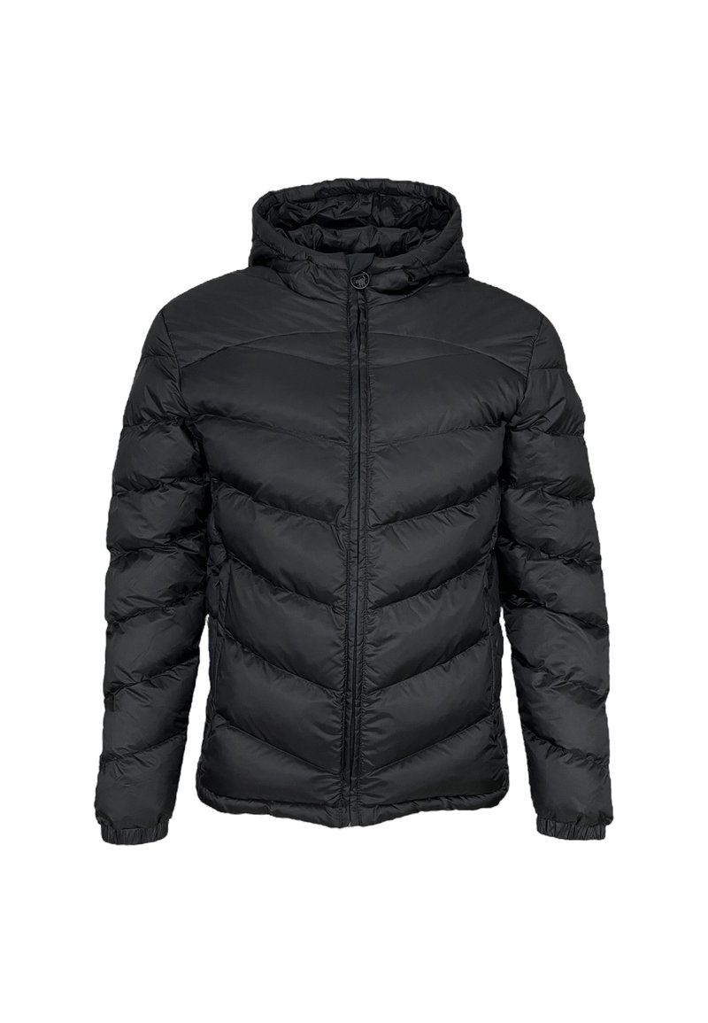 Svart pufferjacka med huva, med en vadderad design, dragkedjestängning och elastiska ärmslut. Tillverkad av ett slätt, vattenavvisande material.