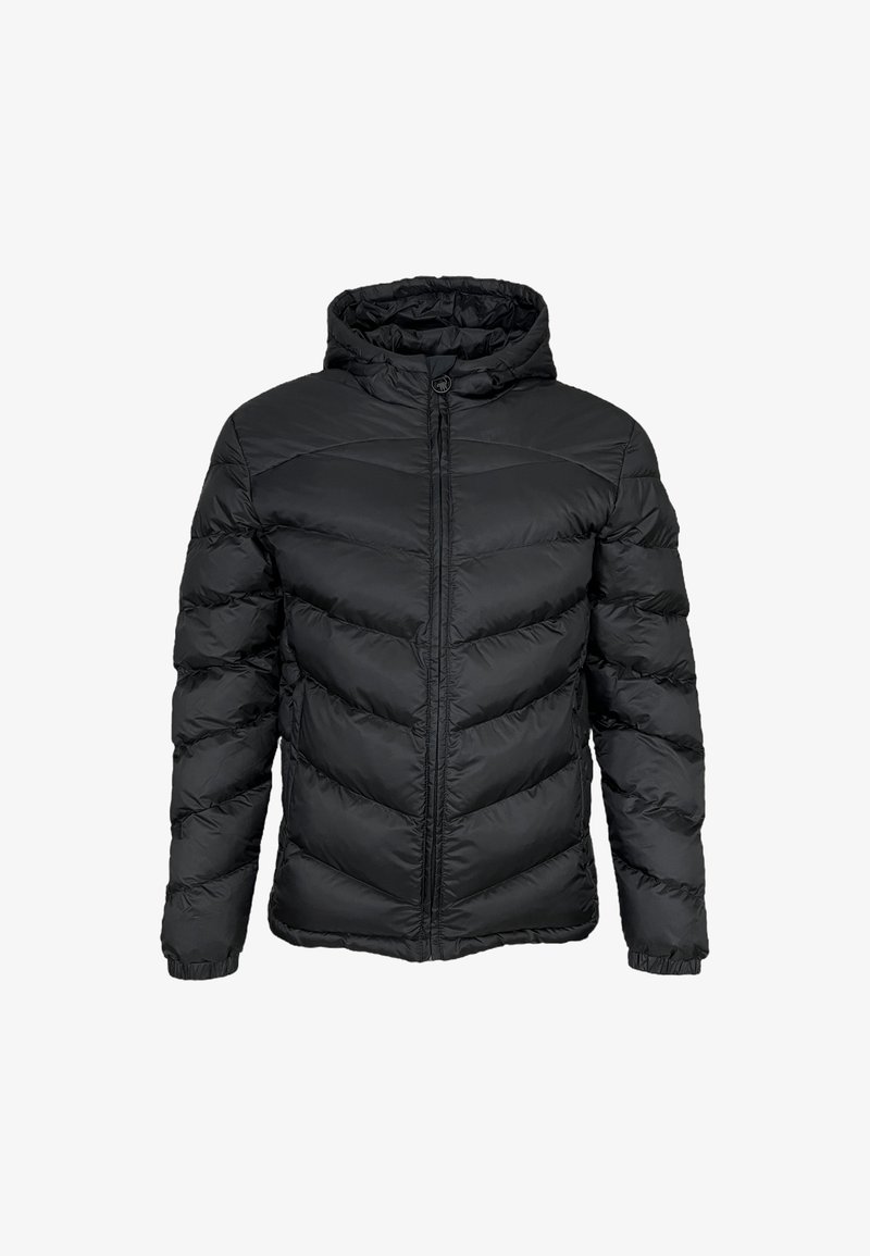 Svart pufferjacka med huva, med en vadderad design, dragkedjestängning och elastiska ärmslut. Tillverkad av ett slätt, vattenavvisande material.