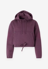 Felpa cropped di colore viola scuro, realizzata in tessuto morbido. Presenta un cordino all'orlo, una tasca frontale e un logo in rilievo su una manica.
