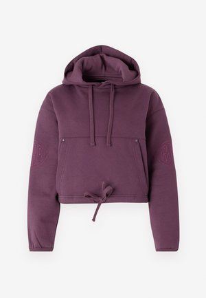 Zusammenschnittete Kapuzenpullover in tiefem Lila, aus weichem Stoff gefertigt. Verfügt über einen Kordelzug am Saum, eine Fronttasche und ein geprägtes Logo an einem Ärmel.