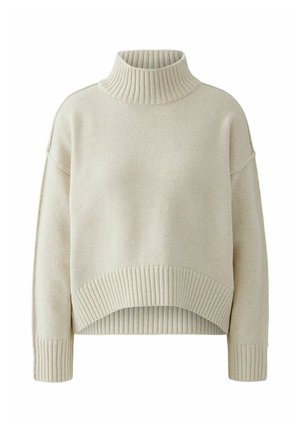 Cremfarbener Rollkragenpullover mit einer cropped, lockeren Passform, ausgestattet mit gerippten Bündchen und Saum, aus einem weichen Strickmaterial gefertigt.