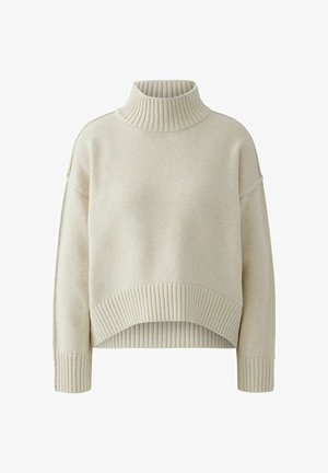Pull à col roulé de couleur crème avec une coupe raccourcie et décontractée, doté de poignets et d'un ourlet côtelés, fabriqué en matière tricotée douce.