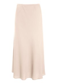 Falda midi beige hecha de tela suave. Presenta una cintura elástica y una silueta fluida con un dobladillo ligeramente acampanado.