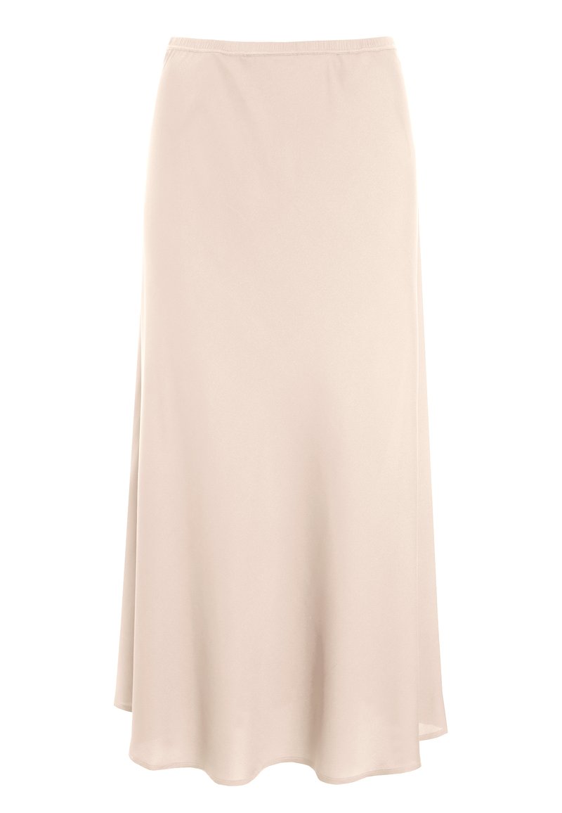 Beige midi nederdel lavet af glat stof, med en bred elastisk talje og en subtil svajet silhuet med en buet kant.