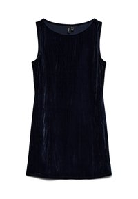 Ärmlös klänning i knälängd i mörk marinblå sammet. Slät textur med en subtil lyster och rund halsringning. Inga synliga knäppningar.