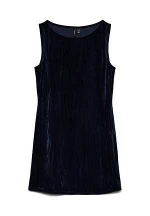 Bezramenné šaty po kolena z tmavě modrého sametu. Hladká textura s jemným leskem a kulatým výstřihem. Žádné viditelné zapínání.