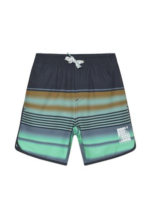 Herren-Badeshorts mit horizontalen Streifen in Grün-, Blau- und Brauntönen, mit weißem Kordelzug und seitlichem Logo.