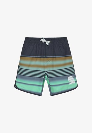 Bañador de hombre con rayas horizontales en tonos verdes, azules y marrones, con cordón blanco y logo lateral.