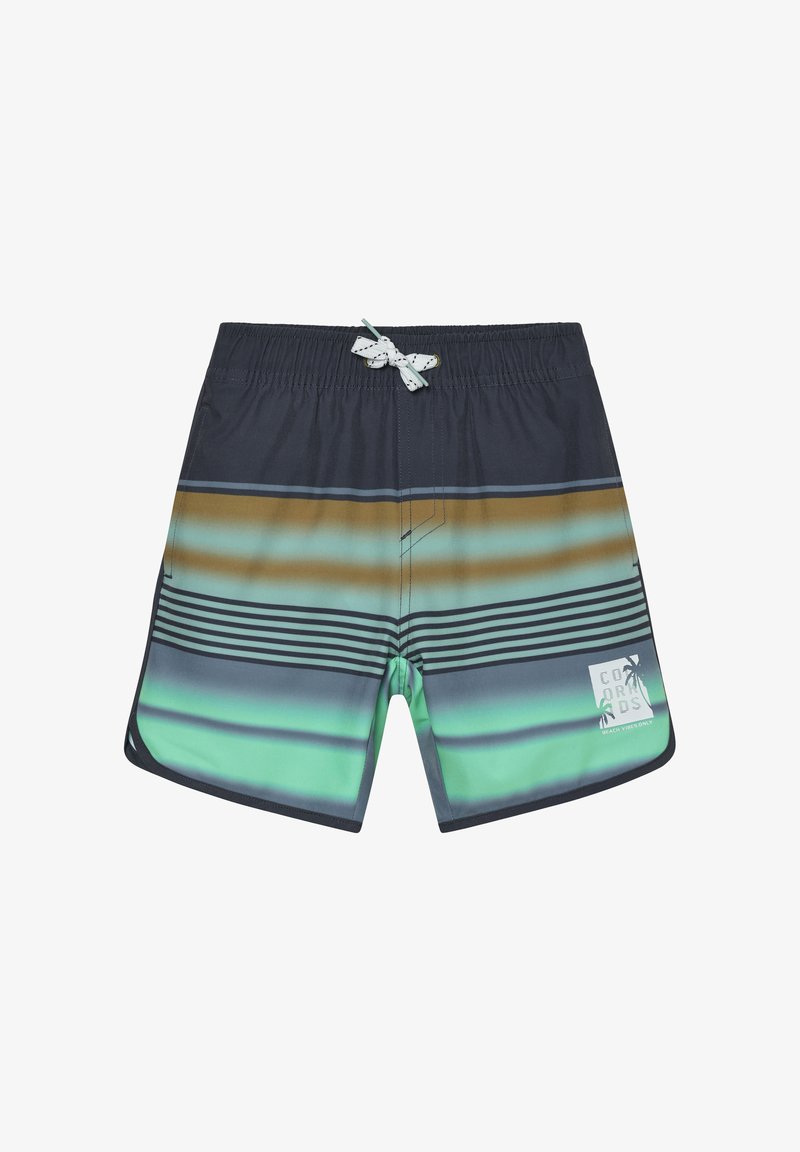 Herren-Badeshorts mit horizontalen Streifen in Grün-, Blau- und Brauntönen, mit weißem Kordelzug und seitlichem Logo.