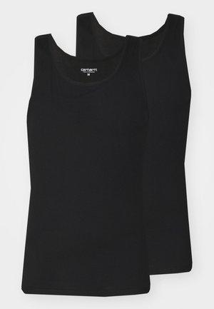 Čierne tielka, rebrovaná textura, bezrukávový dizajn, okrúhly výstrih, vyrobené z jemného materiálu a s etiketou zobraziacou značku a veľkosť. Zobrazené sú dva kusy.