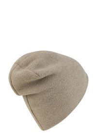 Light beige fleece beanie with a soft texture, classic silhouette, and a slightly slouchy fit. Features subtle seams along the edges.