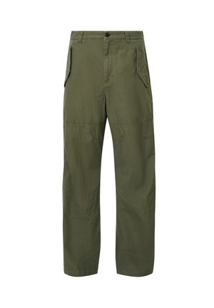 Olive green cargo pants made from cotton blend. Features two side pockets, a button closure, straight-leg design, and visible seam detailing.