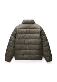 Olive green puffer jacket with a high collar, quilted design, and a smooth, synthetic texture. The back features horizontal panels.