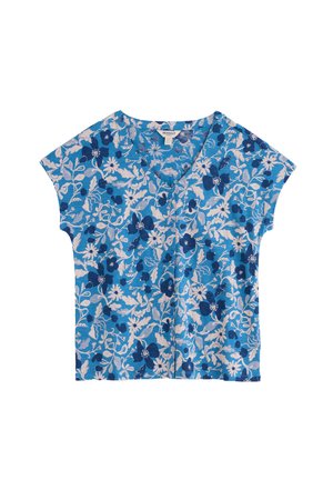 Chemise bleue à manches courtes avec col en V, motif floral blanc et bleu marine, tissu léger, et étiquette de la marque visible à l'intérieur du col.