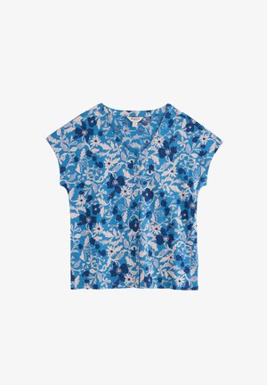 Blaues kurzärmeliges V-Ausschnitt-Shirt mit weißem und marineblauem Blumenmuster, leichtem Stoff und sichtbarem Markenlabel im Krageninnenteil.