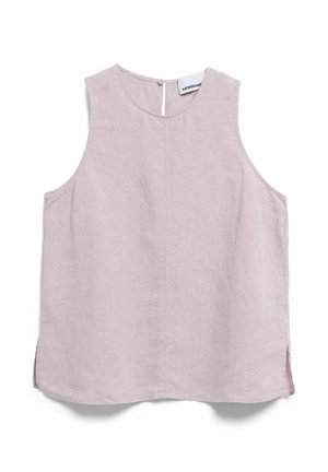 Sleeveless light mauve linen blouse with round neckline, back button closure, and small side slits at the hem.
