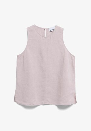 Mouwloze licht mauve linnen blouse met een ronde hals, sluiting met knopen aan de achterkant en kleine zijslits aan de zoom.