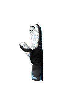 Gants de gardien de but avec un design éclaboussant blanc et bleu, grip en latex noir et paume texturée. Comprend un système de support de poignet flexible.