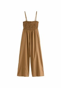 Brun, ärmlös jumpsuit med smord bodice och breda, flödande ben. Tillverkad av mjukt tyg med justerbara axelband.