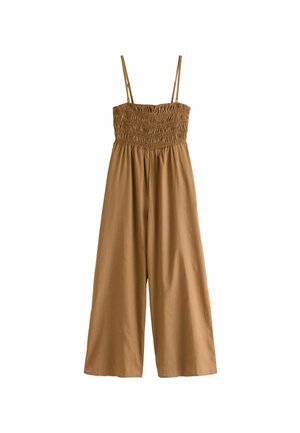 Brauner, ärmelloser Jumpsuit mit einem gerüschten Oberteil und weiten, fließenden Beinen. Hergestellt aus weichem Stoff mit verstellbaren Trägern.