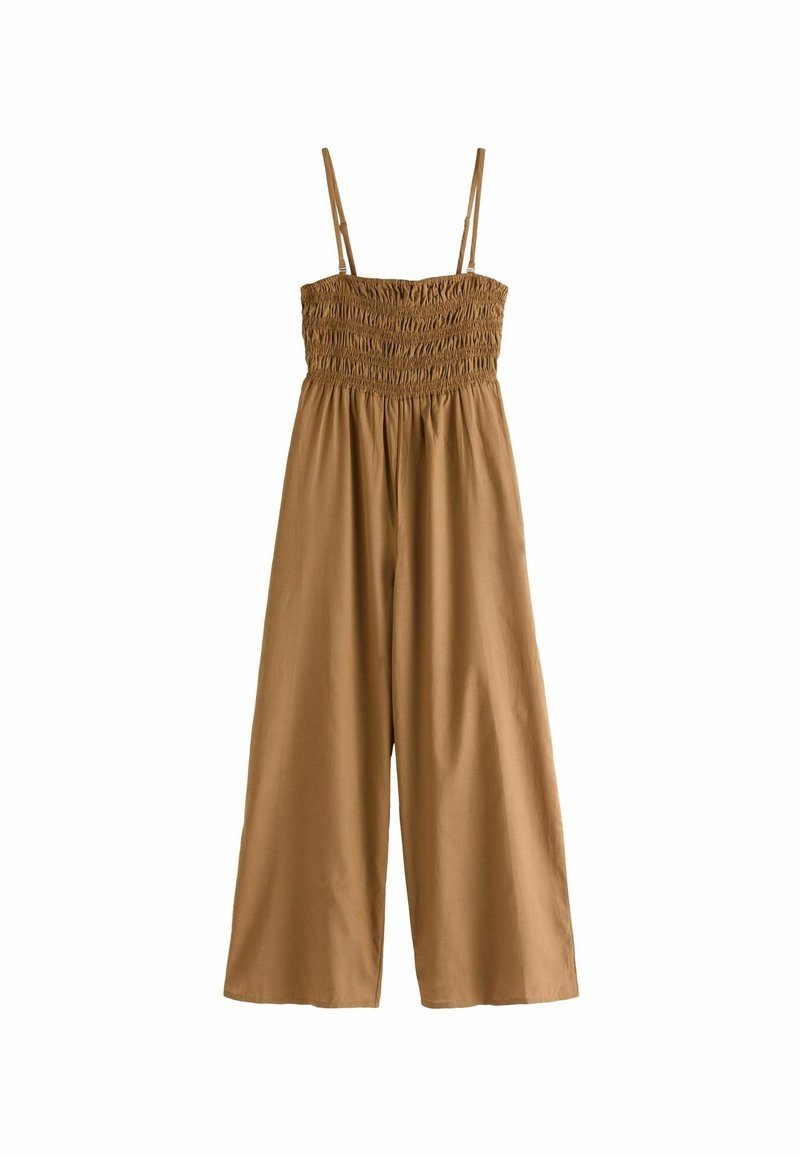 Brun, ärmlös jumpsuit med smord bodice och breda, flödande ben. Tillverkad av mjukt tyg med justerbara axelband.