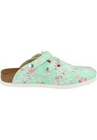 Mint green clogs with floral pattern, adjustable straps, and a cork footbed. Features a white rubber sole and silver hardware accents.