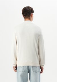 Hellbeige gestrickter Pullover mit geripptem Kragen und Bündchen; lockere Passform mit auffälliger Stricktextur, von hinten betrachtet.