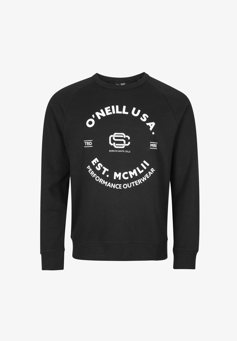 Sweat-shirt noir à manches longues avec texte blanc "O'NEILL U.S.A. EST. MCMLII PERFORMANCE OUTERWEAR" et logo au centre sur le devant.