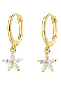 Orecchini a cerchio dorati con un charm a forma di fiore, caratterizzati da sei pietre chiare a taglio marquise che fungono da petali, sospesi da un anello circolare.