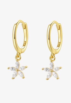 Gold hoop earrings with a flower charm, featuring six marquise-cut clear stones as petals, suspended from a circular loop.