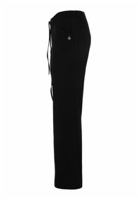 Zwarte sweatpants met een elastische tailleband en een trekkoord, voorzien van een zijzak en een slim, recht model. Zachte stof textuur.
