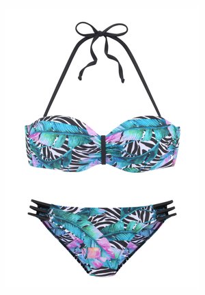 Bikini-Set mit einem schwarz-weißen Zebramuster und lebhaften tropischen Blatt- und Blumenmustern. Das Oberteil verfügt über verstellbare Schnüre und ein vorderes Band.