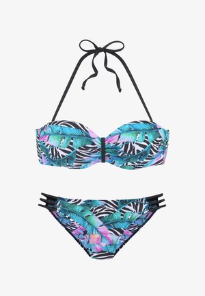 Bikini set featuring a black and white zebra print with vibrant tropical leaf and floral patterns. The top has adjustable strings and a front band.