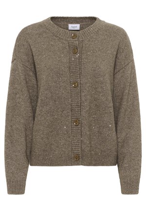 Barna kötött kardigán kerek nyakkivágással, elöl gombokkal és finom csillogó díszítéssel. Bordázott mandzsettákkal és szegéllyel rendelkezik a textúra érdekében.