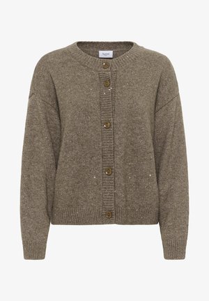 Brązowy dziany kardigan z okrągłym dekoltem, guzikami z przodu i delikatnym połyskiem. Posiada prążkowane mankiety i dół, które dodają faktury.