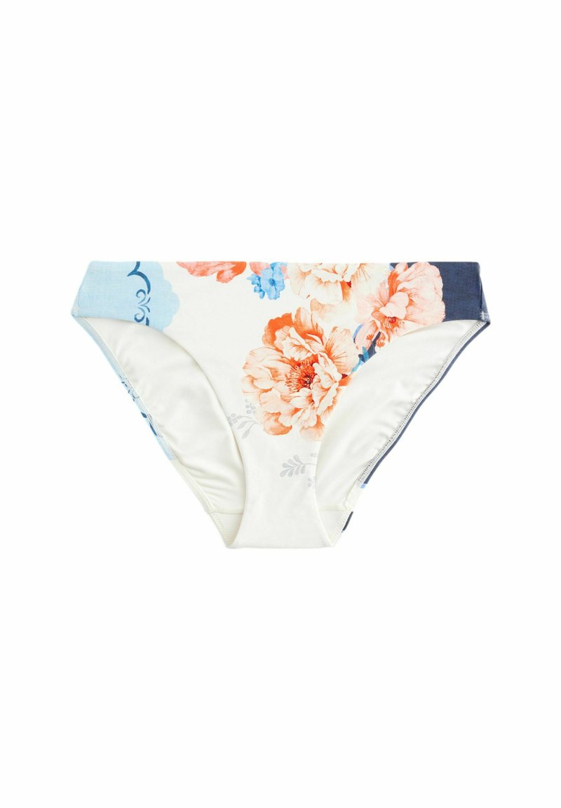 Kvetinové bikini spodky v bielej farbe, s oranžovými a modrými vzormi. Vyrobené z hladkej tkaniny s klasickým strihom a elastickým pásom.