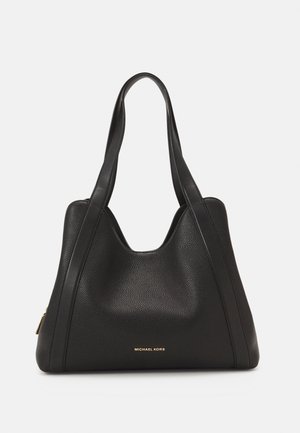 Sac à main en cuir noir texturé avec deux longues anses et logo doré "Michael Kors" au centre devant.