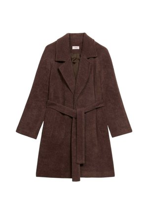 Bruin ceintuur coat met een geklede kraag, gemaakt van textuurstof, met grote revers en brede mouwen. Binnenvoering in een contrasterende kleur.