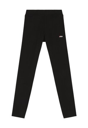Zwarte legging tot aan de enkels met een slanke pasvorm en een klein FILA-logo in wit en rood op de bovenste linker dij.