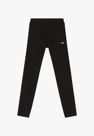 Leggings noirs longueur intégrale avec coupe slim et petit logo FILA en blanc et rouge sur la partie supérieure de la cuisse gauche.