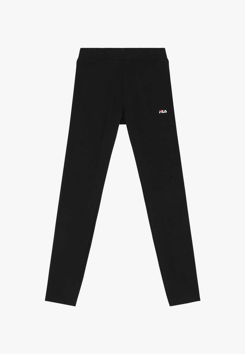 Czarne legginsy sięgające kostek o dopasowanym kroju, z małym logo FILA w białym i czerwonym kolorze na górnej lewej udzie.