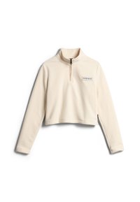 Sudadera recortada de forro polar color crema con cuello alto y media cremallera, que presenta un parche rectangular con el logo en el frente. Textura suave.
