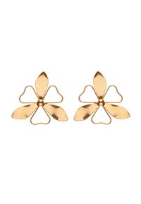 Aranyszínű, virágformájú fülbevalók, öt szirmot formáló elemmel, sima és érdes felületekkel, valamint egy kerek középpel.