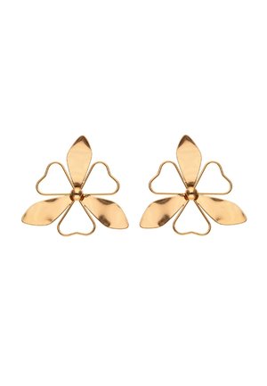 Aranyszínű, virágformájú fülbevalók, öt szirmot formáló elemmel, sima és érdes felületekkel, valamint egy kerek középpel.