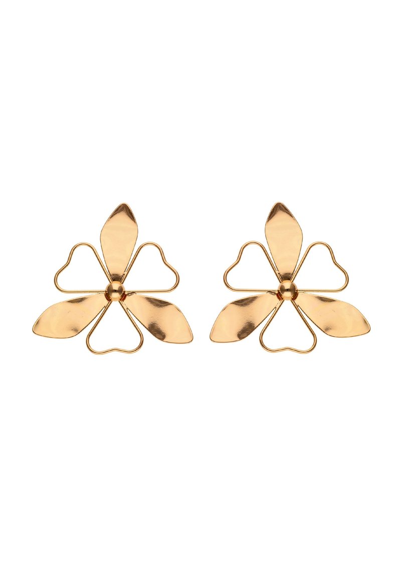 Aranyszínű, virágformájú fülbevalók, öt szirmot formáló elemmel, sima és érdes felületekkel, valamint egy kerek középpel.