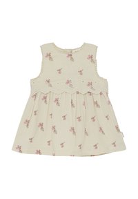 Vestito da bambina crema senza maniche con motivo floreale rosa, bordo in pizzo smerlato sul petto e scollo rotondo.